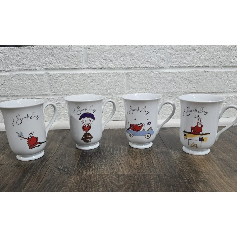Pottery‎ Barn Santa Baby Christmas Mugs Set Of Four Holiday Tea Coffee Hot Cocoa